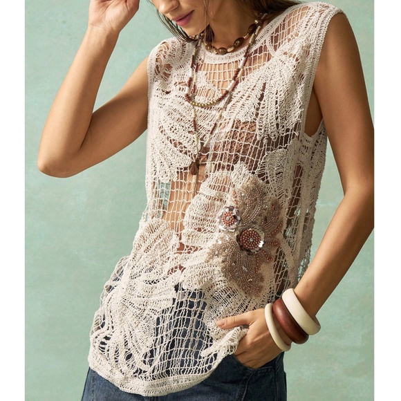 Boho Floral Sequin Crochet Sleeveless Top - Picture 1 of 6